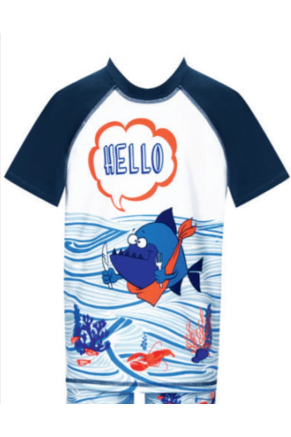 Erkek Çocuk Lacivert Hello Baskılı Tişört Mayo